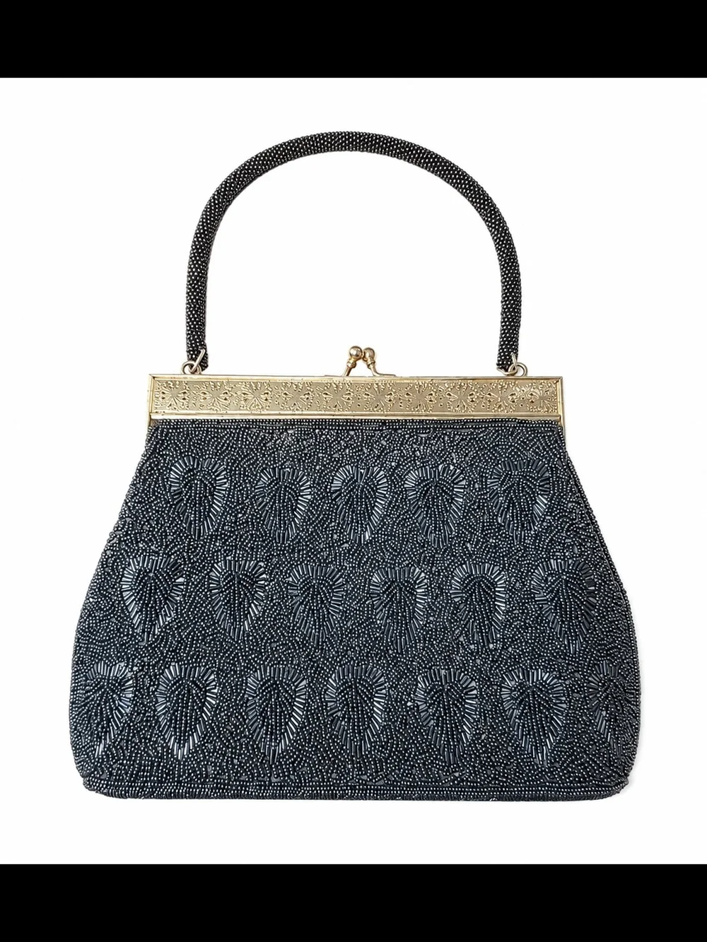 Vintage-Inspired Black Beaded Top-Handle Evening Bag